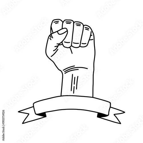 Raised clenched fist with blank ribbon banner. Vector illustration of power, protest, and solidarity symbol. Black and white sketch for human rights themes.