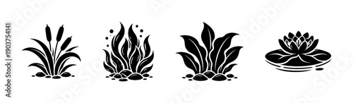 Aquatic plants silhouettes collection, flat vector illustration