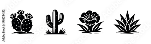 Cactus and flower silhouettes in black, flat vector illustration