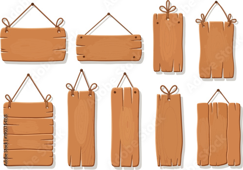 Versatile collection of empty wooden signs and rustic hanging plaques, perfect for customizable messages, vintage decor, graphic design elements, or engaging illustrative banners on a white background