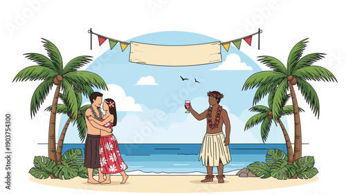 Happy couple celebrates their wedding ceremony on a tropical beach with palm trees and a festive banner overhead.