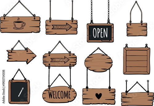 Vector set of hand-drawn rustic wooden signs in doodle style, offering various shapes and messages like 'open,' 'welcome,' and arrows, perfect for businesses