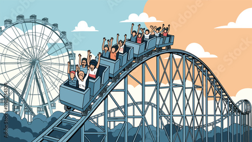 Excited group of people enjoying a thrilling ride on a large roller coaster at a busy theme park with a ferris wheel in the background.