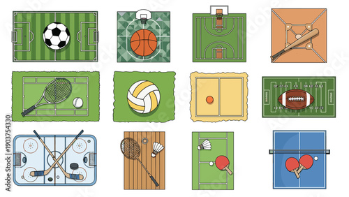 Diverse collection of colorful flat icons representing different sports like soccer, basketball, tennis, baseball, hockey, and more.