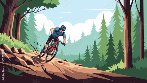 Skilled cyclist riding a mountain bike down a steep and rocky forest trail surrounded by tall evergreen trees and bright sunlight.