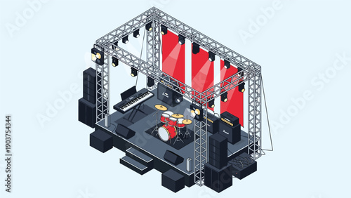 Detailed isometric view of a professional concert stage equipped with drums, keyboards, amplifiers, and colorful spotlights for a show.