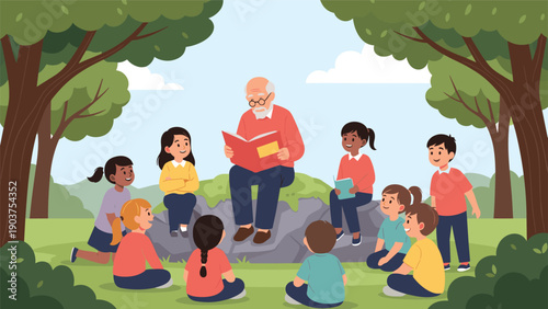 Kind elderly man reading a storybook to a group of attentive children sitting on the grass in a peaceful park surrounded by tall trees.