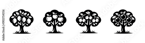 Silhouette of fruit trees collection, flat vector illustration