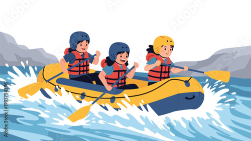 Excited group of three people wearing safety gear and navigating a yellow raft through splashing white water rapids on a river.