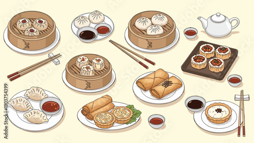 Delicious spread of traditional dim sum including dumplings, buns, spring rolls, and tea arranged on a table for a meal.