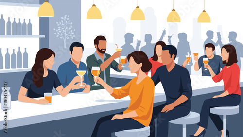 Diverse group of people socialize and enjoy drinks while sitting at a long bar counter in a vibrant and modern indoor establishment.