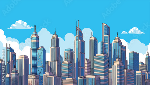 Dense city skyline with numerous skyscrapers of various designs and heights under a clear blue sky with fluffy white clouds.