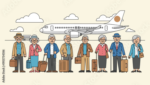 Large group of happy senior travelers stand together with their suitcases in front of a white airplane on a runway.