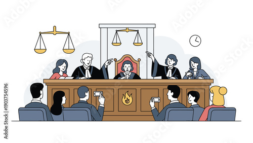 Diverse group of judges, lawyers, and spectators observe a high profile legal trial from the gallery in a formal courtroom setting.