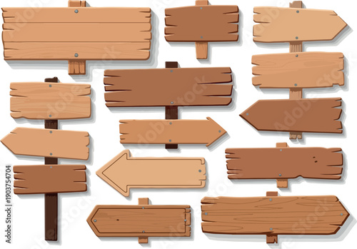 Versatile collection of empty rustic wooden signs and arrow pointers, ideal for customizable directional, informational, or decorative messages and labels on a clean white background