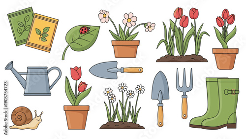 assortment of gardening tools and plants including a watering can, pots of flowers, boots, seeds, and small animals on a white background.
