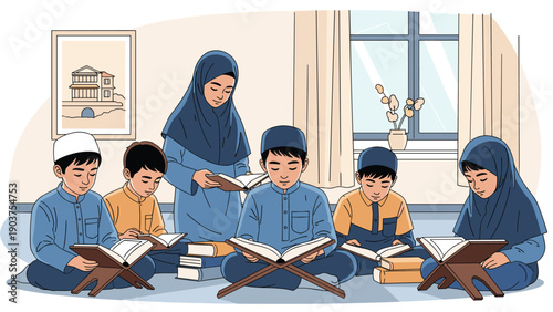 group of muslim children and a teacher sitting on the floor and reading the holy quran from wooden stands in a bright and peaceful room.