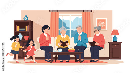 Three generations of an Asian family relaxing together on a sofa in a cozy living room while children play and adults read books.
