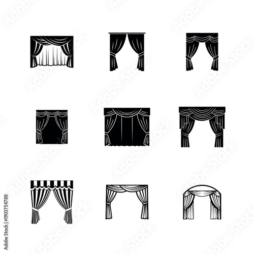 Stage Curtain and Window Drape Silhouette Vector Icon Set