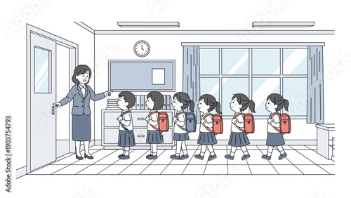female elementary school teacher leading a line of young students with backpacks through a hallway toward their classroom door in the morning.