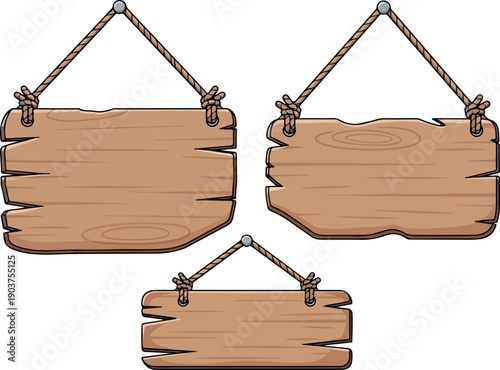 Rustic empty wooden signs with textured wood grain, suspended by ropes, providing versatile design elements for custom messages and vintage-themed projects