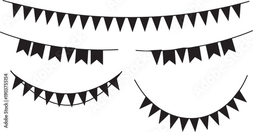 Assorted Black Flag Bunting Garlands on White Background Keywords: bunting, garland, flags