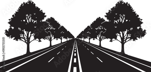 Black Silhouette of a Straight Highway Lined with Trees on Both Sides Keywords: highway, road