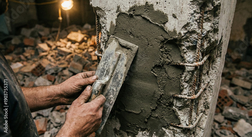 Worker applying cement to column at construction site  