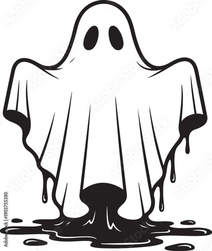 Cartoon ghost with dripping bottom on white background halloween spooky