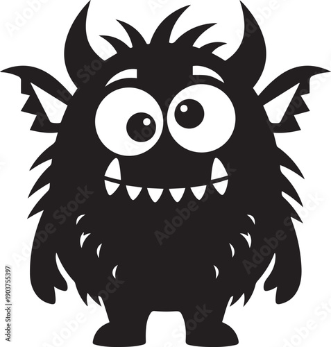 Cartoonish black silhouette of a friendly monster with horns and big eyes vector illustration