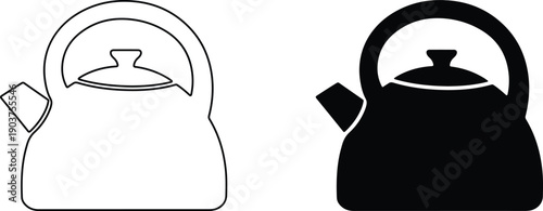 Simple line drawing and solid fill kettle icons for cooking and tea preparation