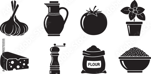 Black and white of kitchen including garlic, pitcher, tomato, plant, cheese, pepper grinder, flour bag, and rice bowl