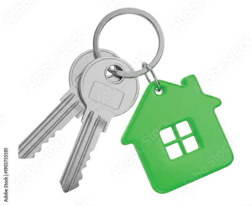 Two silver keys on a ring with a green house-shaped keychain. The house has a window cutout, symbolizing home ownership or real estate.