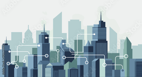 A sleek urban skyline with interconnected lines symbolizes modern connectivity and growth, ideal for technology and business themes.