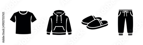 T-shirt, hoodie, slippers, and joggers silhouettes, flat vector illustration