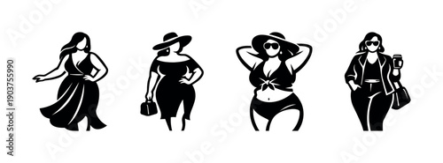 Stylish women in various outfits and poses, flat vector illustration