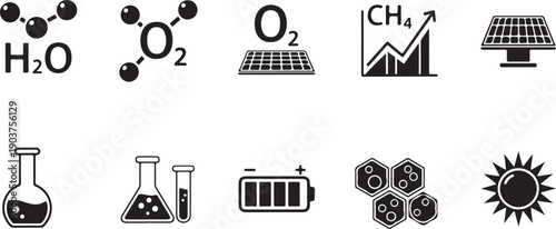 Black and white of water molecules oxygen solar panels methane graph battery hexagonal cells and sun