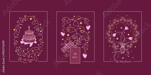 Love, flowers, gifts. Romantic set. Vector linear images on burgundy background for Valentines Day, March 8th, birthday.