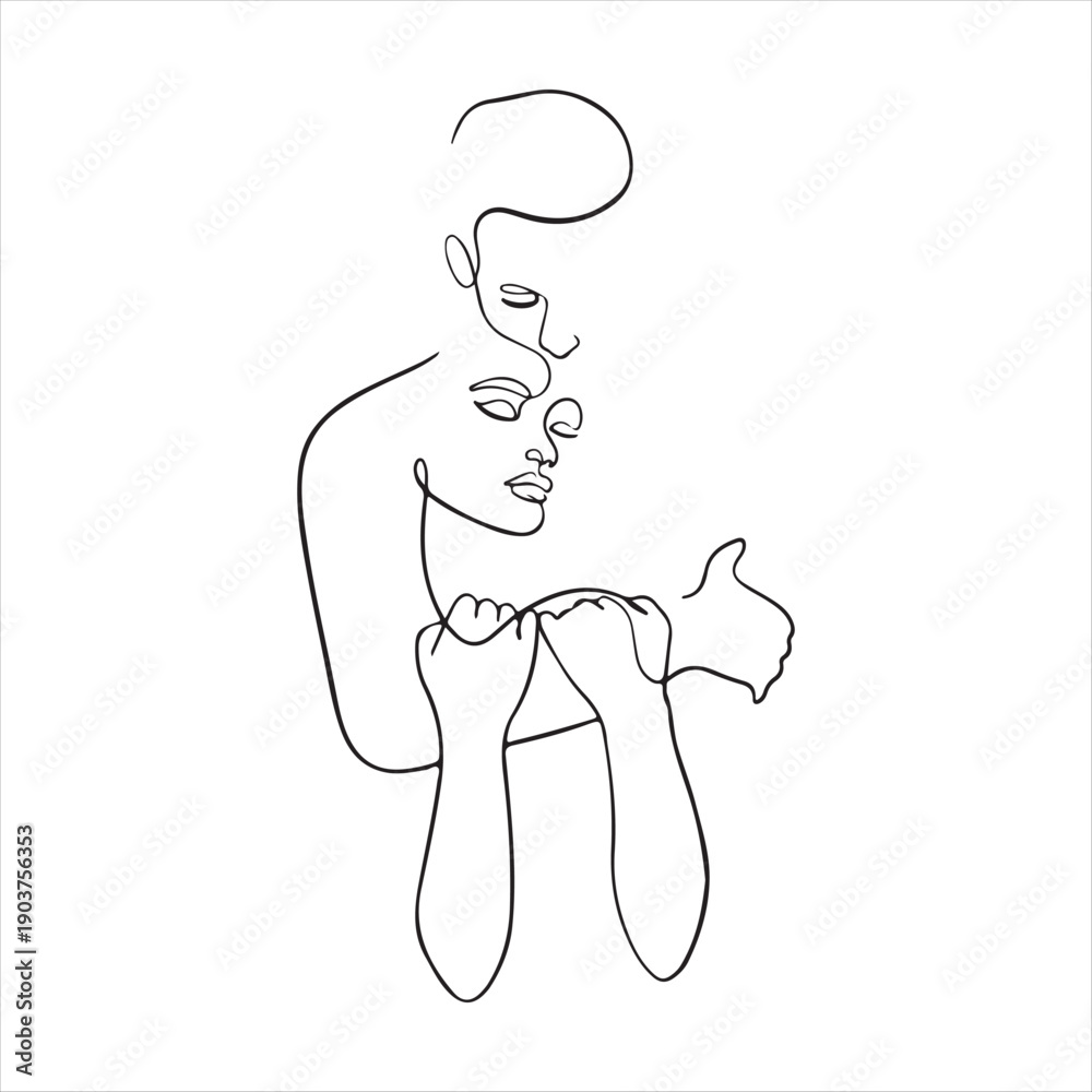 Obraz premium Two intertwined faces in continuous line black and white outline