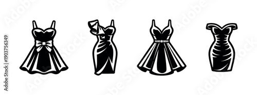 Elegant dresses collection in black and white, flat vector illustration