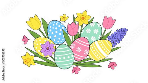 Colorful Easter Eggs with Flowers and Leaves.