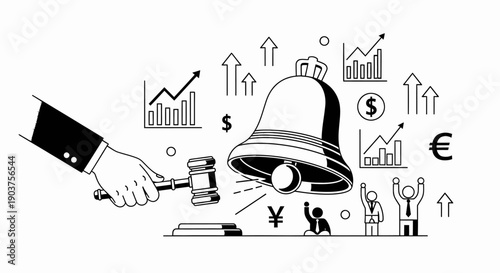 Stock market opening bell and auction gavel financial concept illustration.