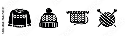 Winter clothing icons: sweater, hat, knitting, yarn ball - flat vector illustration