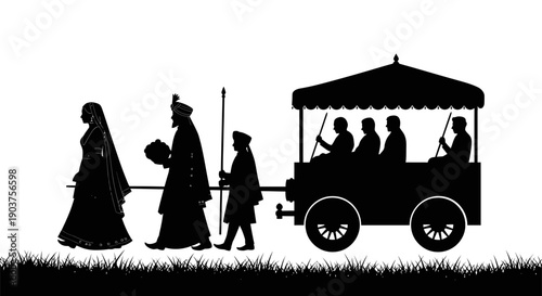 Ancient royal procession silhouette with traditional carriage and servants.