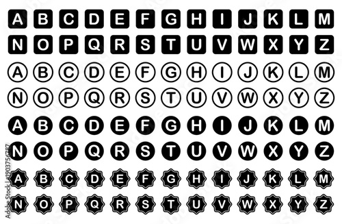 Alphabet letter icon set from A to Z in bold rounded style, uppercase and lowercase characters included. Clean typography symbols suitable for fonts, education, branding, labels, and signage use.