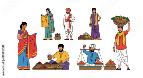 Indian Street Vendors and Merchants Illustration Set