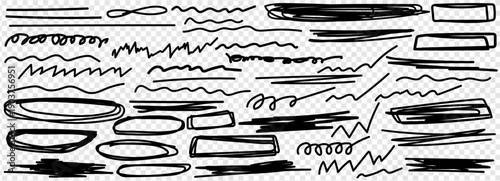 Collection of hand drawn underline strokes and sketchy frames. Abstract underline strokes and circle frames set in black marker ink. Decorative ink elements for notes and journal designs.