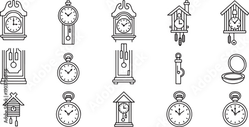 Grandfather Cuckoo Pocket Watch Icons Set Line Art Vector Illustration