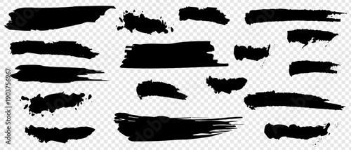 Collection of various black ink brush strokes. Set of black brush strokes isolated. Grungy texture elements. Paint splatters and marks for graphic design. Art splashes.