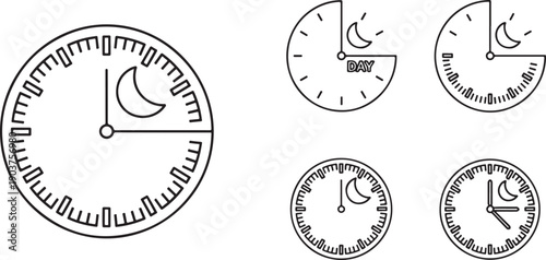 Day and Night Time Clock Cycle Outline Icons Set Vector Illustration for Schedule